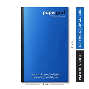 papergrid Notebook - Long Book (31 cm x 19 cm), Single Line, 156 Pages, Soft Cover - Pack of 6